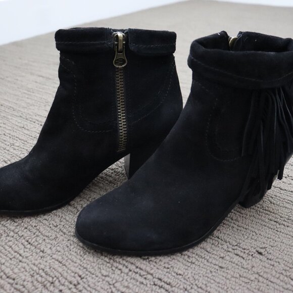 SAM EDELMAN Louie Black Suede Fringe Cowboy Bootie Size 7.5 - Picture 2 of 9